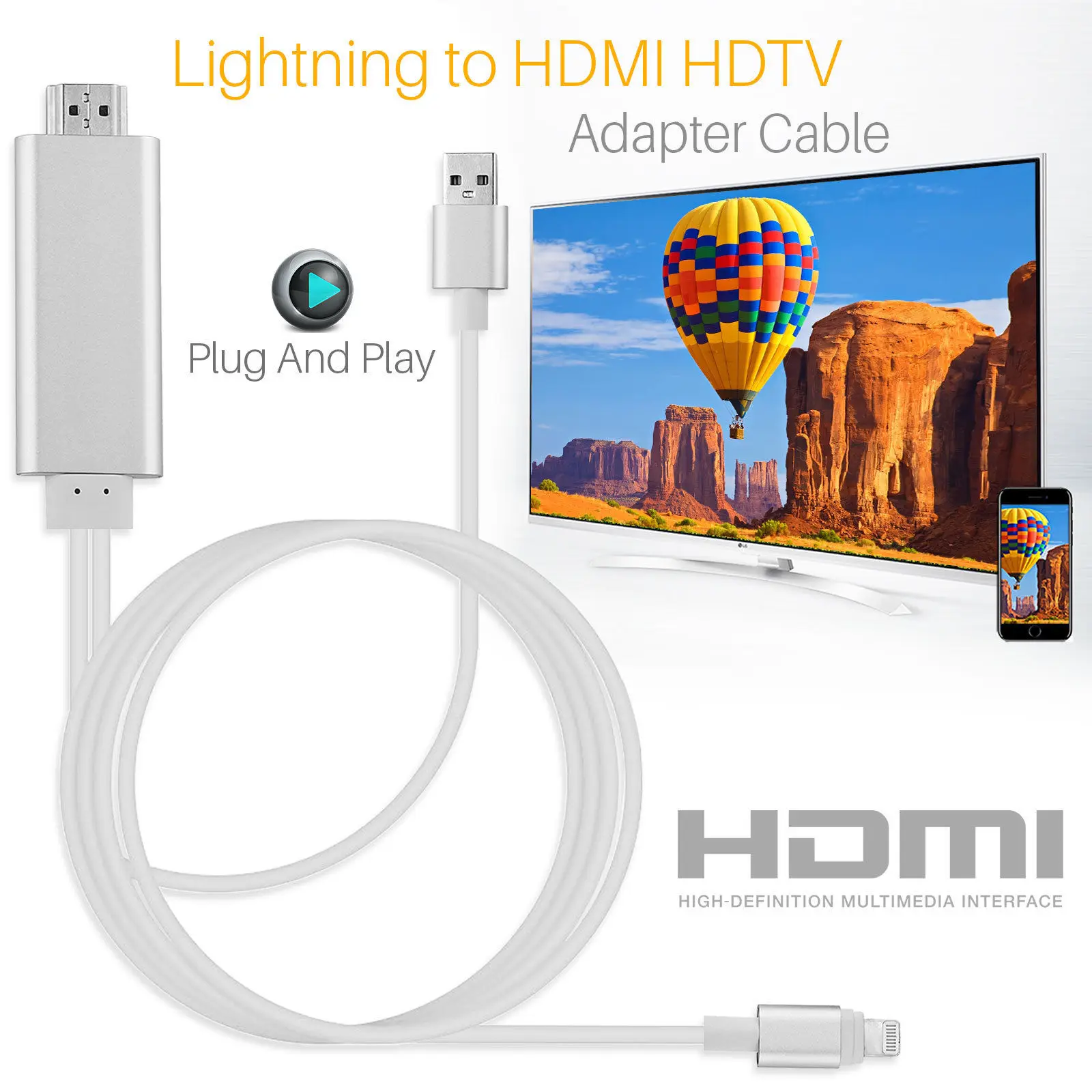 HDMI Kabelis Žaibas į HDMI Kabelis, HDTV TV AV Adapteris, USB Kabelis, 1080P, 