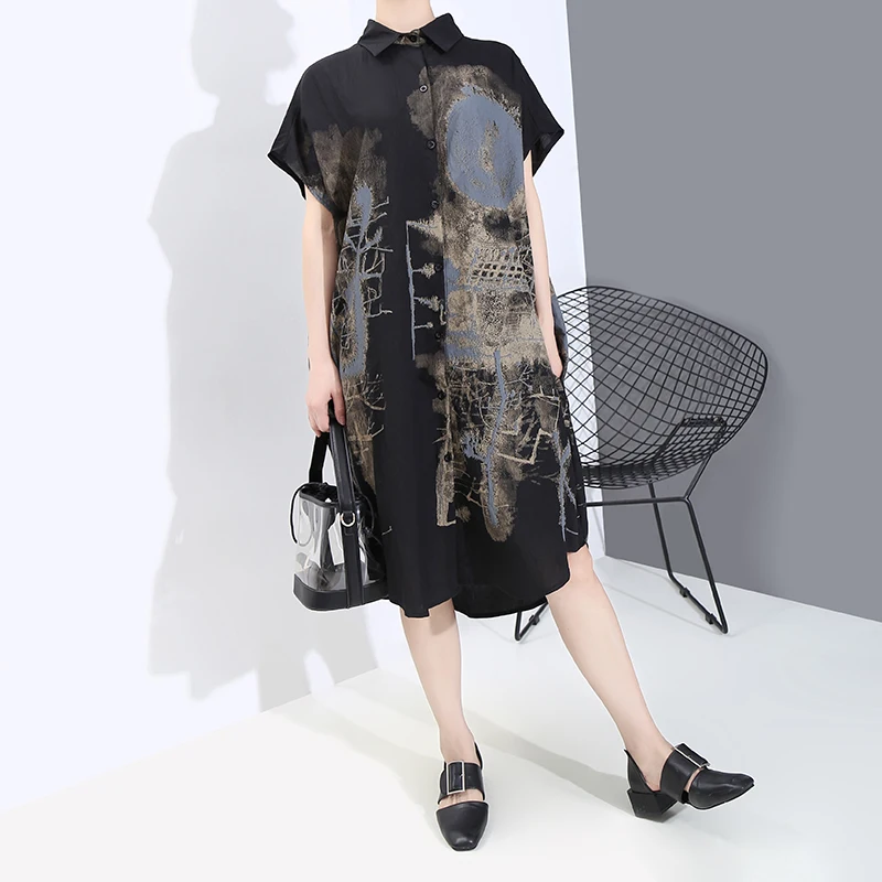 Naujas 2020 Korėjos Tapybos Stiliaus Vasarą Moterys Juoda Vintage Marškinėliai Suknelė Išspausdintas Didelis Dydis Ponios Stilingas Atsitiktinis Midi Suknelė Skraiste 6107