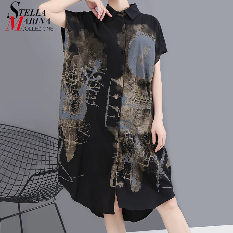 Naujas 2020 Korėjos Tapybos Stiliaus Vasarą Moterys Juoda Vintage Marškinėliai Suknelė Išspausdintas Didelis Dydis Ponios Stilingas Atsitiktinis Midi Suknelė Skraiste 6107