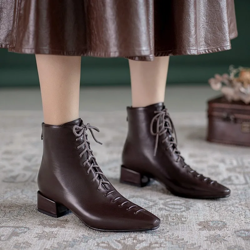Rankų darbo martin batai moterims rudi batai kirsti-susieta vidutinio kulniukai stambusis batai aikštėje kojų užtrauktukas bloko kulno, kulkšnies batai 2020 panele