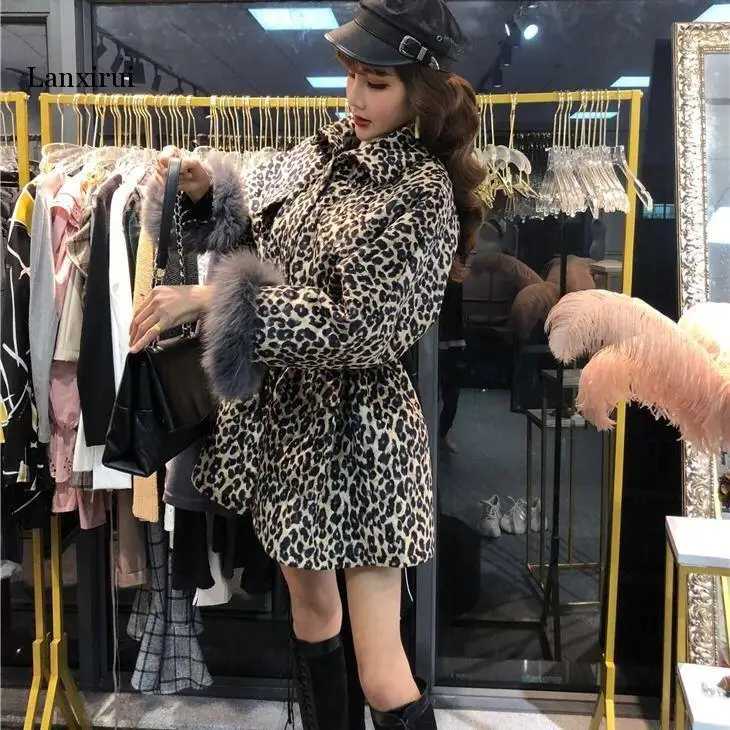 Leopardas spausdinti Paltai Moterims Striukė Nauja mada Žiemos Tirštėti Šilto Aukso aksomo Atsitiktinis Parko Medvilnės Kailis Outwear Moteris