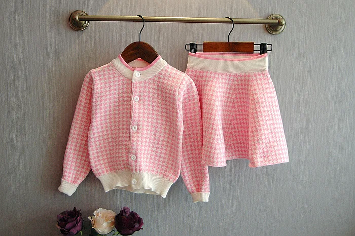Kūdikių, mergaičių drabužiai nustatyti 2018 m. rudenį naujų mergaičių boutique komplektus korėjos Houndstooth Švarkas+sijonas vaikų conjunto menina roupa