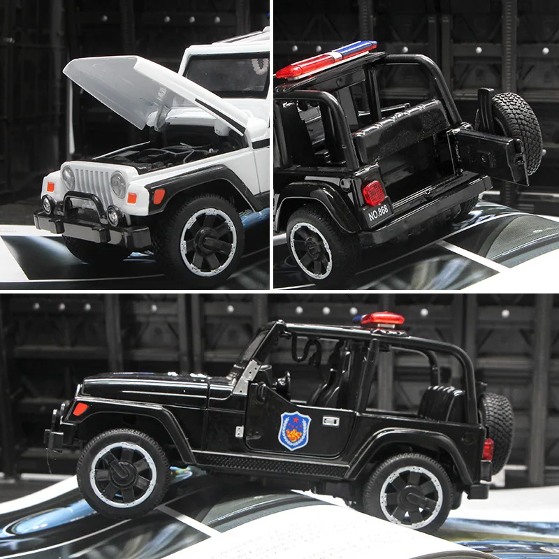 1:32 Aukštos modeliavimas Jeep Wrangler lydinio policijos automobilis su šviesos ir muzikos traukti atgal duris Policijos automobilio modelį vaikams dovanos