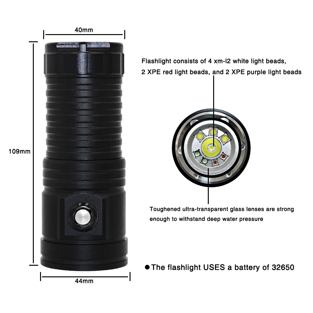 Uranusfire LED Žibintuvėlis foto žibintai fotografas XM L2 UV raudona povandeninių video lihgt lempos Nardymo Fakelas 32650 led Žibintuvėlis