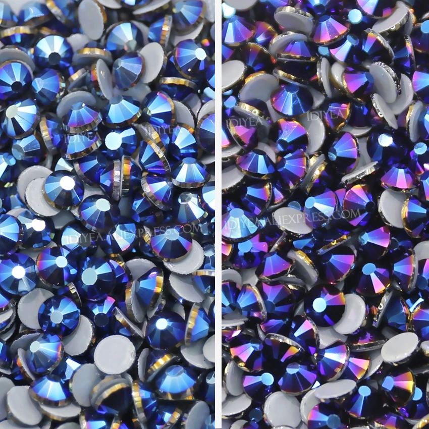 Metallic Blue & Blue Hematitas flatback cirkonio hot-fix kristalus glitters masės stiklo karštųjų akmenų rankdarbiams drabužiai