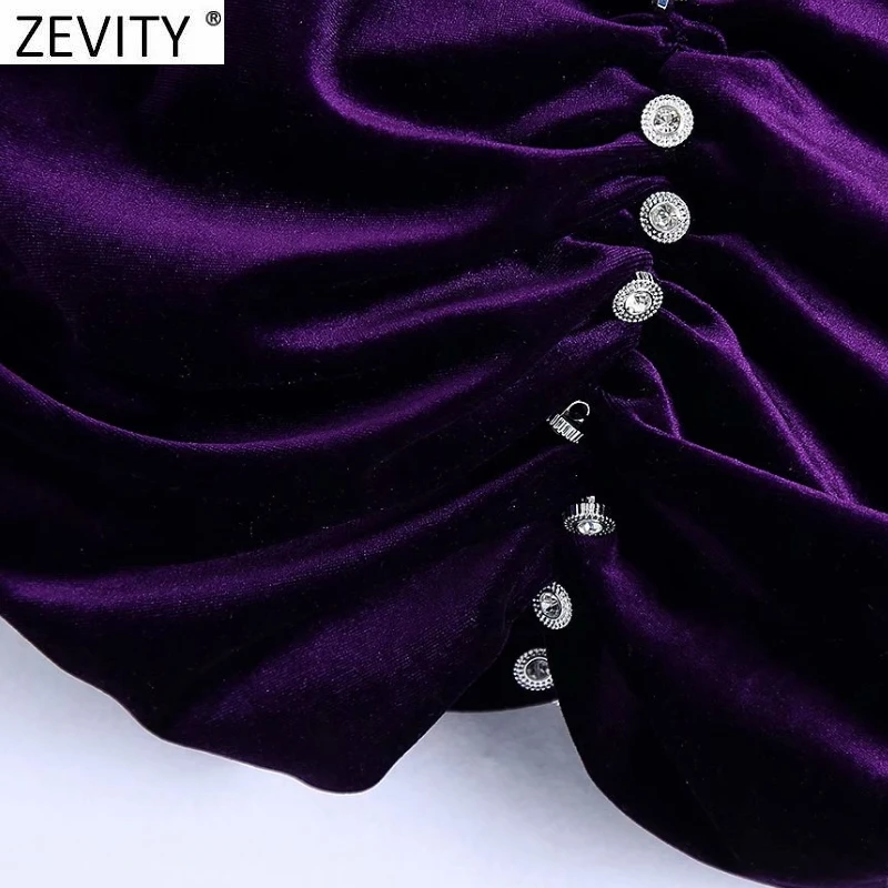 Zevity 2021 Moterų Sexy Diamond Mygtukai Klostuotas Trumpas Diržas Moteriška Palaidinė Atgal Elastinga Slim Aksomo, Marškiniai, Elegantiškos Blusas Viršūnes LS7469