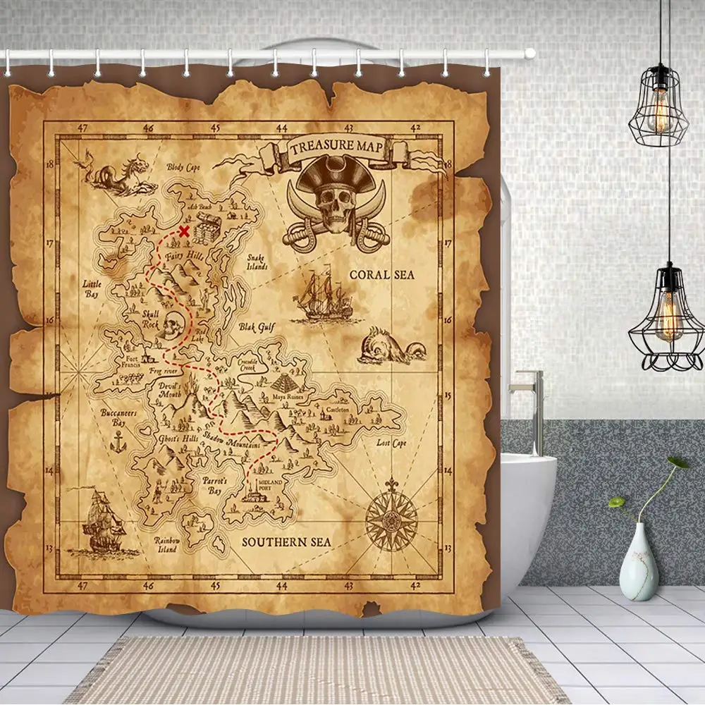 Laivybos Salos Žemėlapį, Dekoras, Derliaus Senas Žemėlapis Piratų Laivas Vonios Užuolaidų Poliesterio Audinio Vandenyną Senovės Piratų Lobio Žemėlapis, Dušo