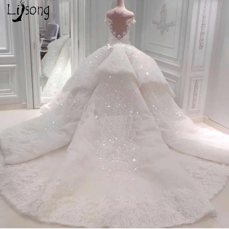 Prabanga Dubajus Nėrinių Vestuvių Suknelės Sparkle Zawalcowany Kristalų Nėrinių Vestuvinės Suknelės Arabų Iliuzija Atgal Vestido De Noiva Casamento 2018