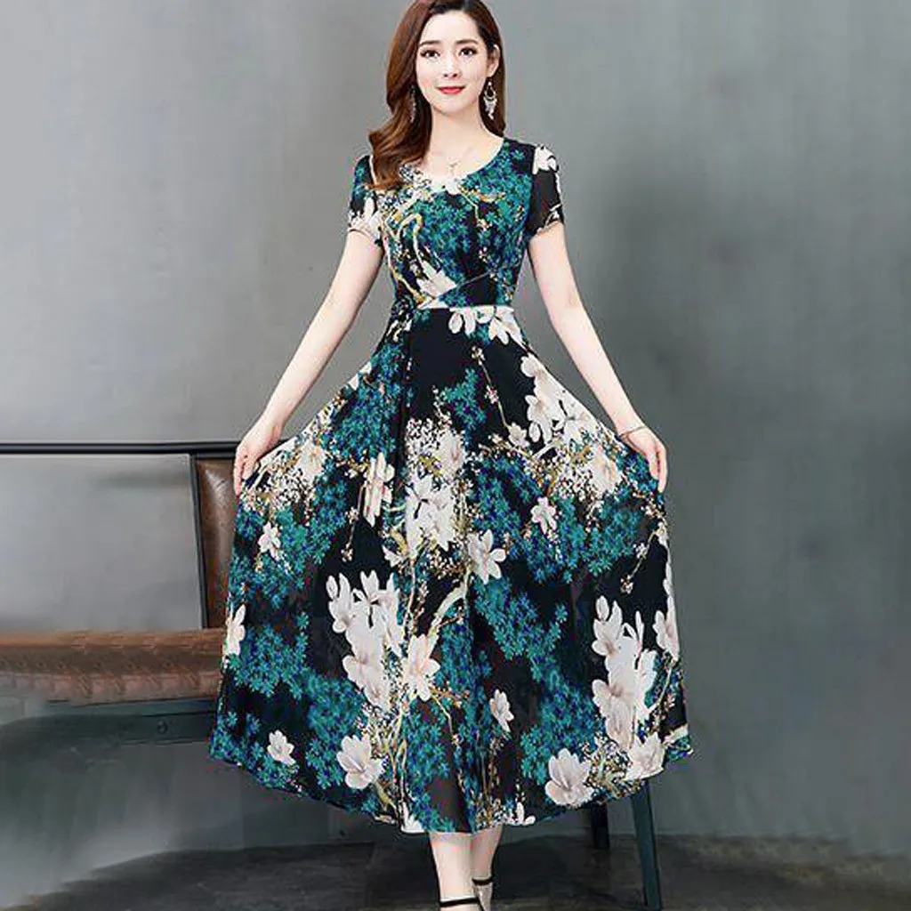 2020 Mados Atsitiktinis vasaros suknelė O-Kaklo trumpomis Rankovėmis Ilga Suknelė Spausdinti Slim-Line Suknelė sukienki