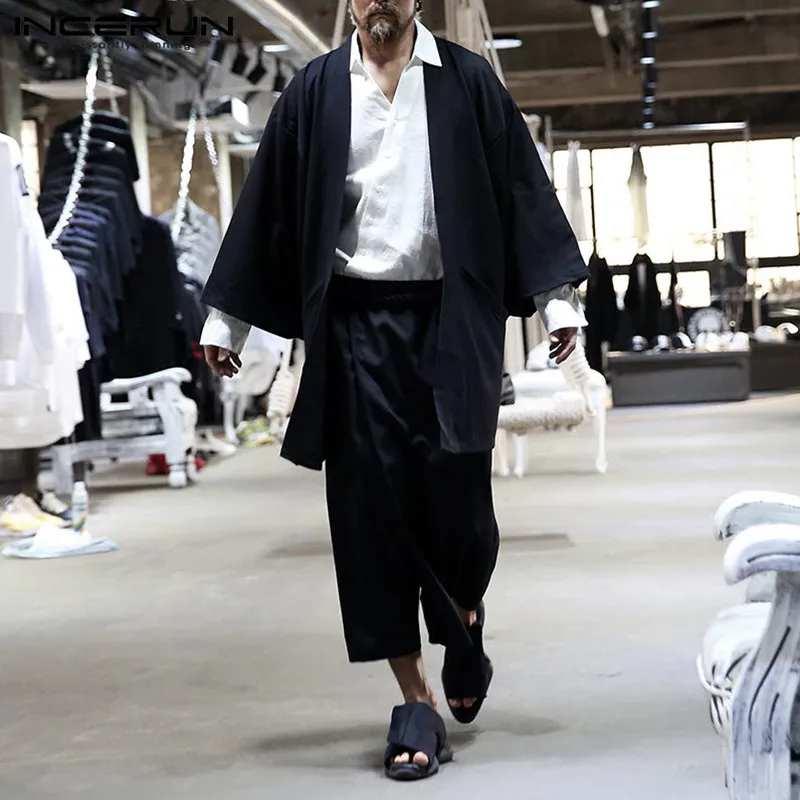 Vyrai Tranšėjos Kietas Paltai Atidaryti Mezgimo Medvilnės ilgomis Rankovėmis Atsitiktinis Japonų Kimono Mados Streetwear Cardigan 2021 Viršutiniai drabužiai INCERUN