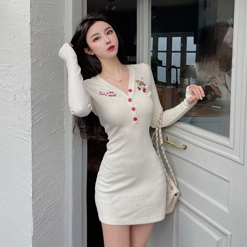 Pavasario Kawaii Megztinis Suknelė Moterims, Elegantiškas Saldus Megzta Mini Suknelė Moterų Atsitiktinis Vyšnių Spausdinimo Japonijos Korėjiečių Suknelė Moterims 2021