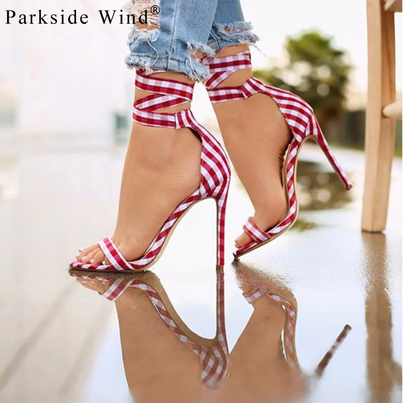 Parkside Vėjo dryžuotas medvilnės audinys Aukštakulniais Mados Nėriniai Groži Plonas Kulnas Moterų Sandalai Vasarą Čiurnos Dirželis Šalies Moterų batai XWC1880-50