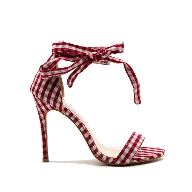 Parkside Vėjo dryžuotas medvilnės audinys Aukštakulniais Mados Nėriniai Groži Plonas Kulnas Moterų Sandalai Vasarą Čiurnos Dirželis Šalies Moterų batai XWC1880-50