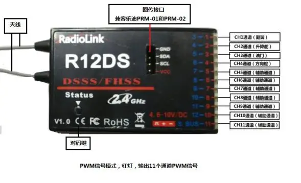 Originalus RadioLink R12DS 2.4 GHz 12CH DSSS & FHSS Imtuvas RadioLink AT9 AT9S AT10 AT10II Siųstuvas Parama SBUS PWM