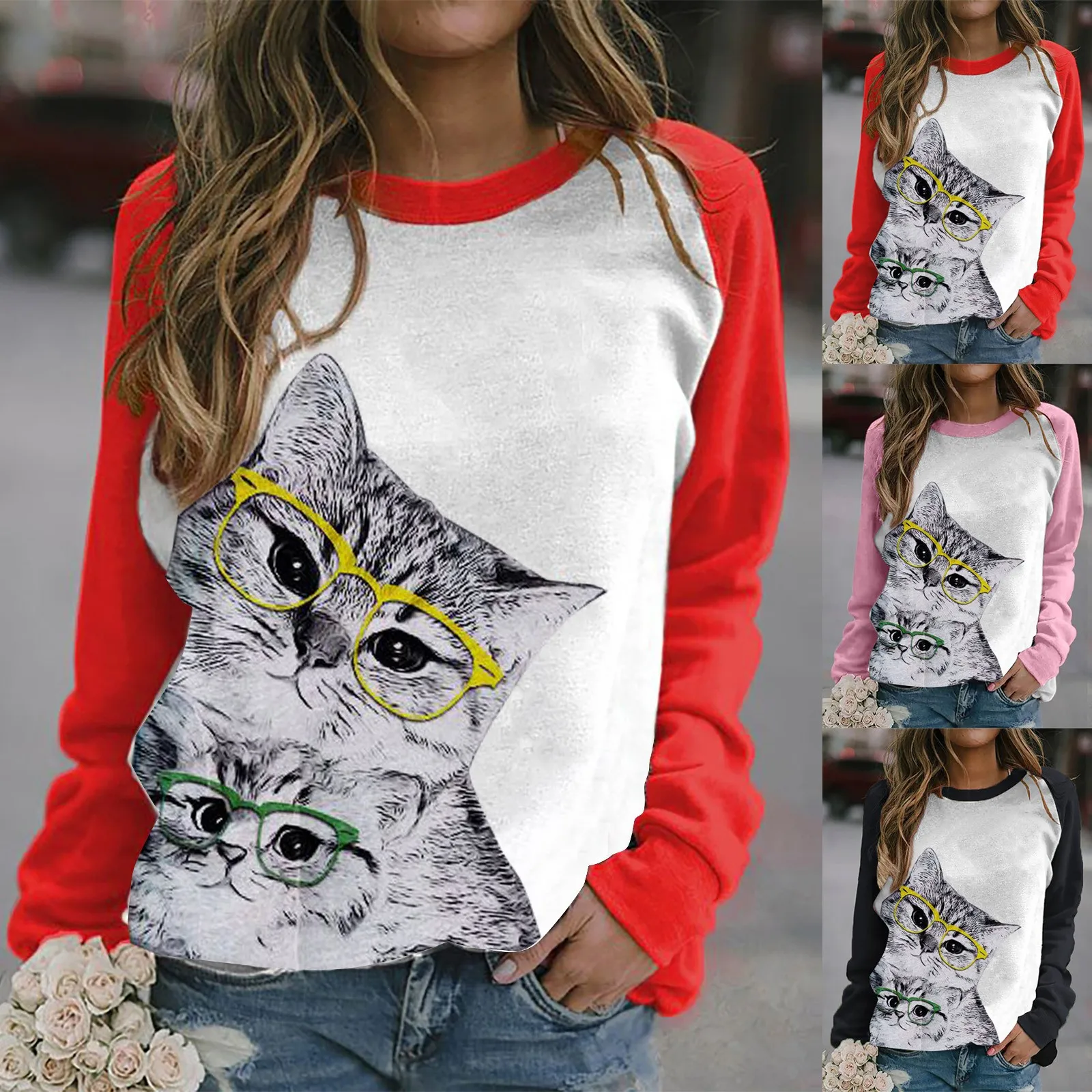 #60 Moterų Cute Kačių Spausdinti ilgomis rankovėmis Palaidinukė Atsitiktinis Palaidinė Megztinis Streetwear Moterų Top Jauna Mergina Sudaderas