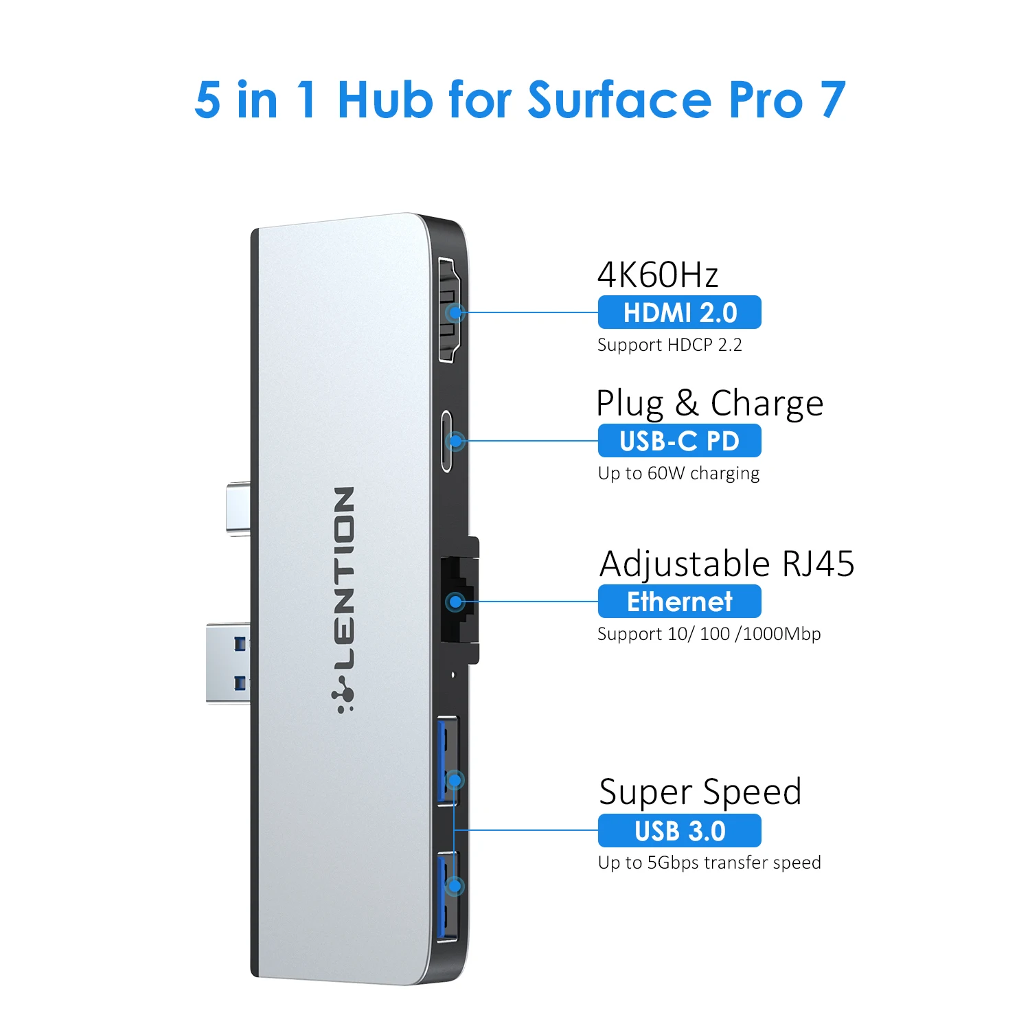 Lention USB 3.0 HUB Multi USB USB3.0 Uosto HDMI suderinamus/ RJ45 Dock for Microsoft Surface Pro 7 Splitter Adapteris PD Mokestis