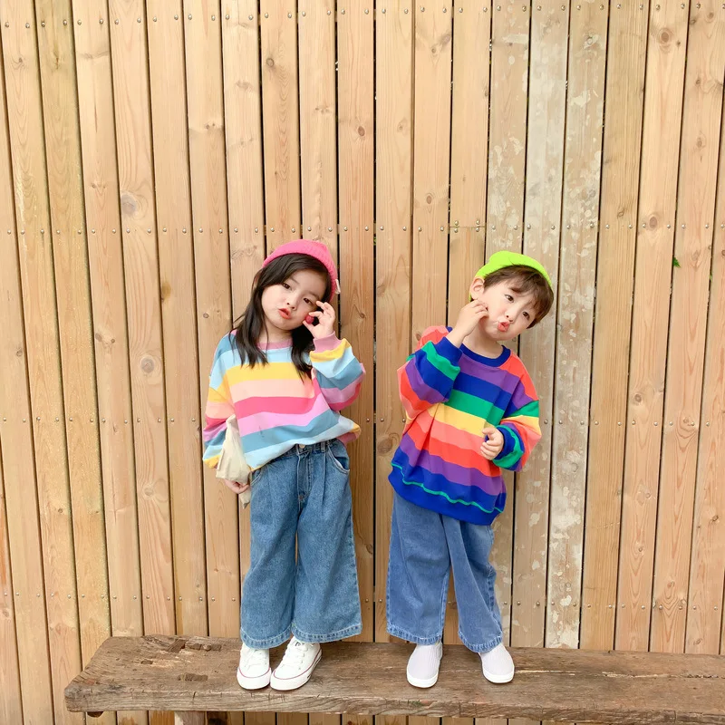 2021 M. Pavasarį Vaikai Hoodies Berniukų Ir Mergaičių Korėjos Vaivorykštė Dryžuotas Hoodies