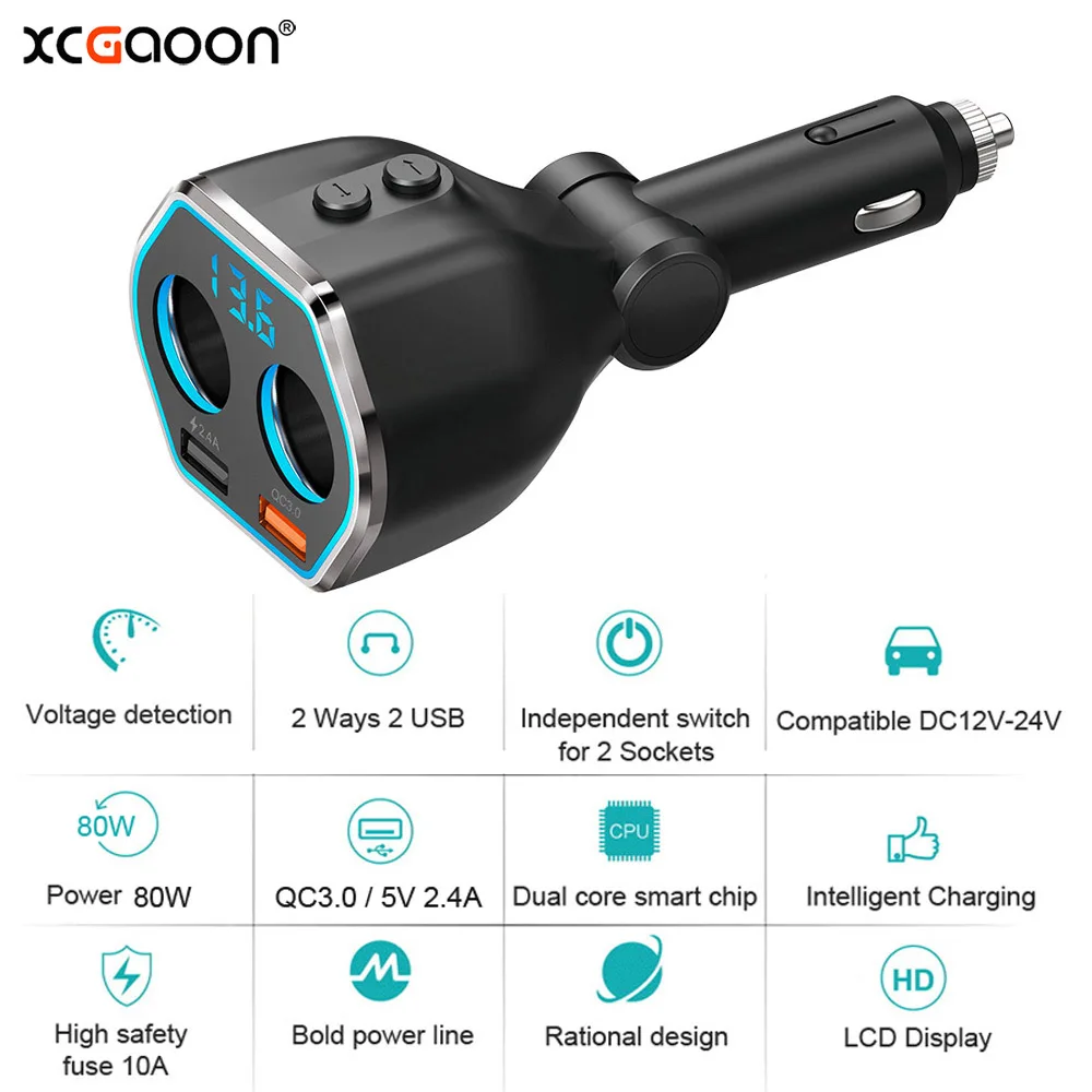 XCGaoon QC3.0 Greita Mokestis 2 USB Automobilinis Įkroviklis Ir 2 kištukiniai Lizdai Būdu Automobilių Kelių Funkcinių Cigarečių Degiklio Splitter Maitinimo Adapteris 80W