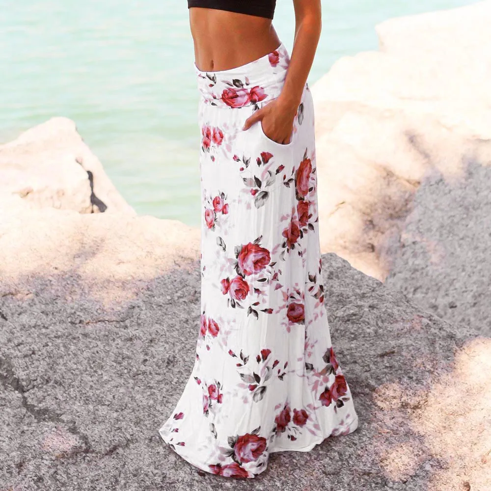 2020 Naujas Vasaros Sijonas Moterims Ilgas Sijonas Aukštu Juosmeniu Gėlių Ilgi Sijonai, Maxi Plisuotos Paplūdimio Boho Grindų ilgio Sijonas Elegantiškas