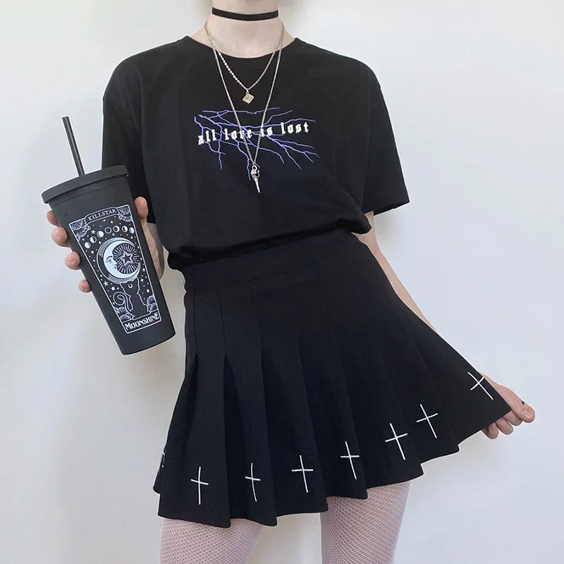 Moterų Aukšto Juosmens Kryžiaus Spausdinimo Plisuotas Sijonas, Goth Lolita Mini Juoda Suknelė Streetwear Punk Tamsiai Sijonai