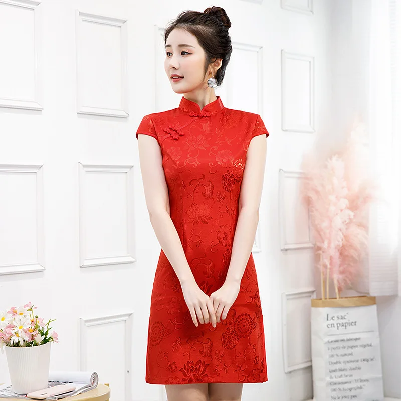 FZSLCYIYI Satino Kinų Tradicinė Suknelė Moterims Qipao Trumpas Derliaus Spausdinimo Raudona Kinijos Stiliaus Vestuvių Cheongsam S-5XL