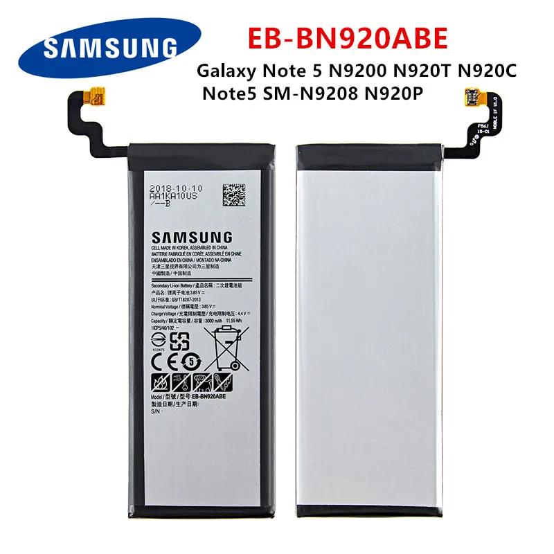 SAMSUNG Originalus EB-BN920ABE 3000mAh baterija Samsung Galaxy 5 Pastaba N9200 N920T N920C N920P Note5 SM-N9208 Mobilusis Telefonas