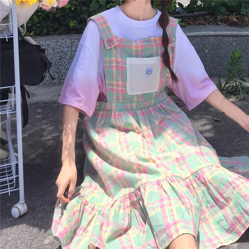 Japonijos Minkštas Mergina Vasaros Suknelė Saldus Spalvotų Pledas Kišenėje Petnešos Rankovių Suknelės Kawaii Raukiniai Spageti Dirželis Suknelė