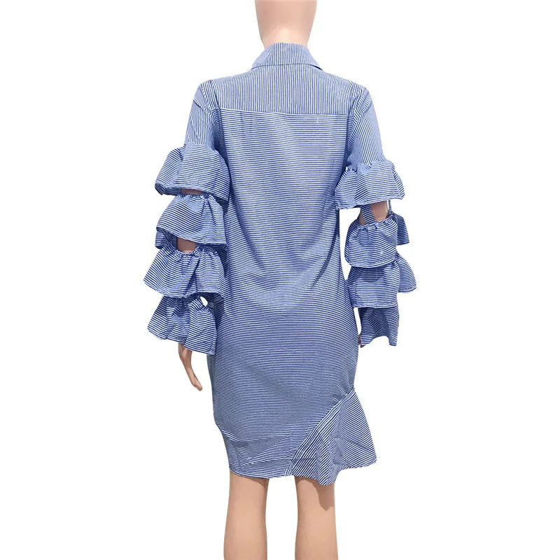 Mėlynas Dryžuotas Nereguliarus Marškinėliai Suknelė Moterims Sluoksniuotos Ruffles Rankovėmis Mygtuką Iki Kelio ilgis Midi Suknelė Raišteliu Šalies Atsitiktinis Suknelės