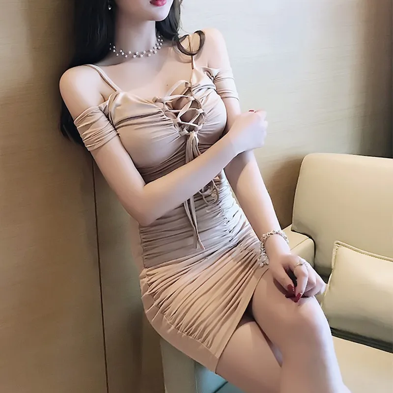 Vasaros Off Peties Seksualus Suknelės 2020 M. Moteris Rožinės Spalvos Trumpas Mini Atsitiktinis Suknelė Korėjos Mados Drabužių Elegantiškas Tvarstis Šalies Klubas Suknelė