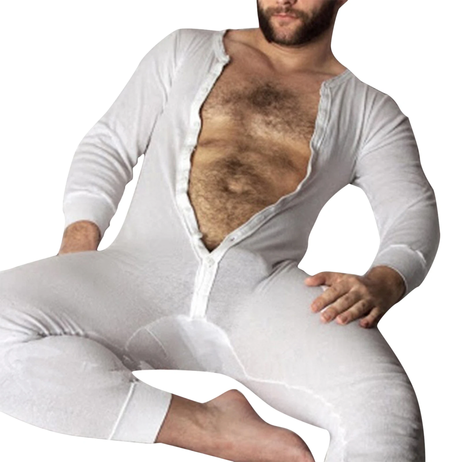 Sexy Men' s Jumpsuit vientisos Spalvos Apvalios Kaklo, ilgomis Rankovėmis Bodysuit naktiniai drabužiai Vyrams Balta/Raudona/Juoda Pižama 2020 m.
