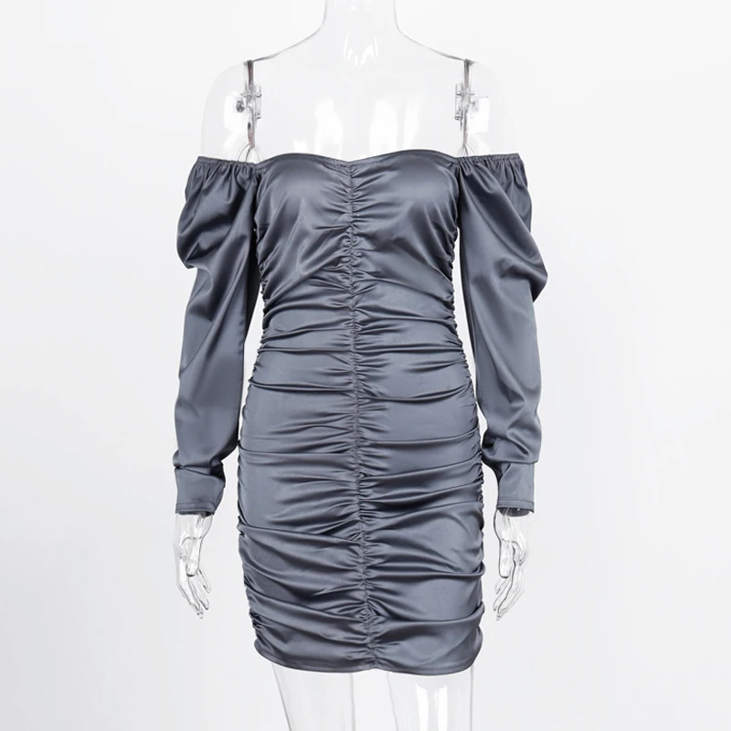 Hugcitar 2019 m. ilgio sluoksniuotos rankovėmis velniop kaklo klostuotas satino seksuali mini suknelė rudens žiemos moterys kietas šalis elegantiškas streetwear outfi