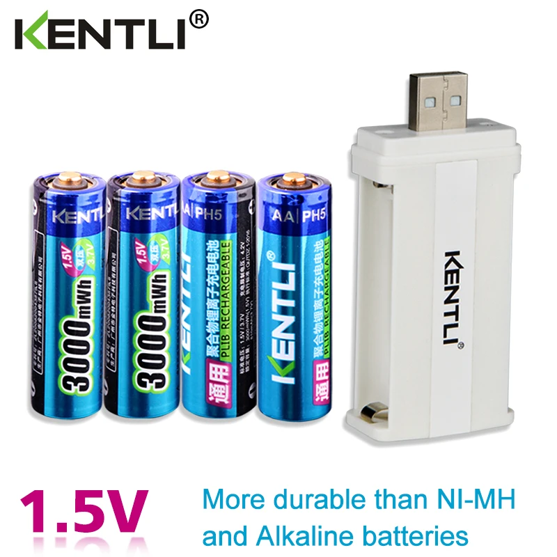 KENTLI 4pcs žemas savęs išleidimo 1,5 v 3000mWh AA Li-polimero li-ion ličio polimero baterija +1 USB smart Įkroviklis