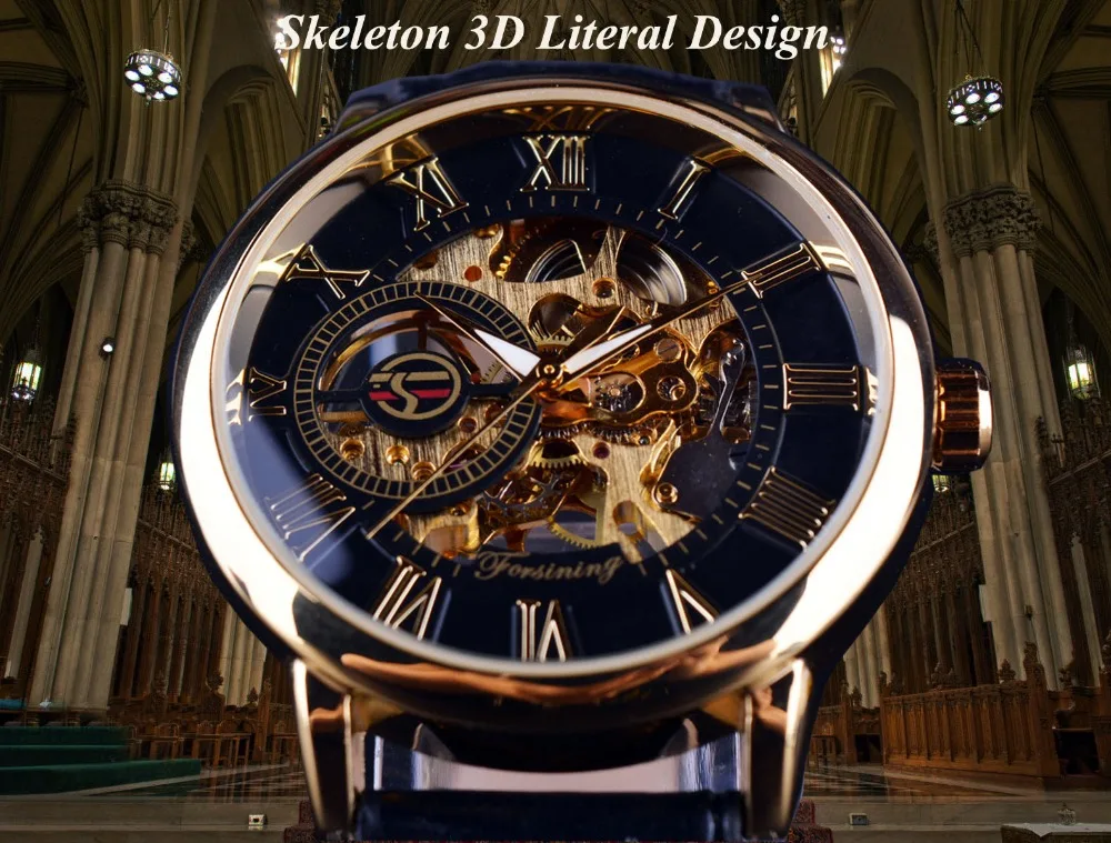 Forsining 3d Logo Dizainas Tuščiaviduriai Graviravimas Juodojo Aukso Atveju Oda Mechaninė Skeletas Laikrodžiai Vyrams Prabangos Prekės Heren Horloge