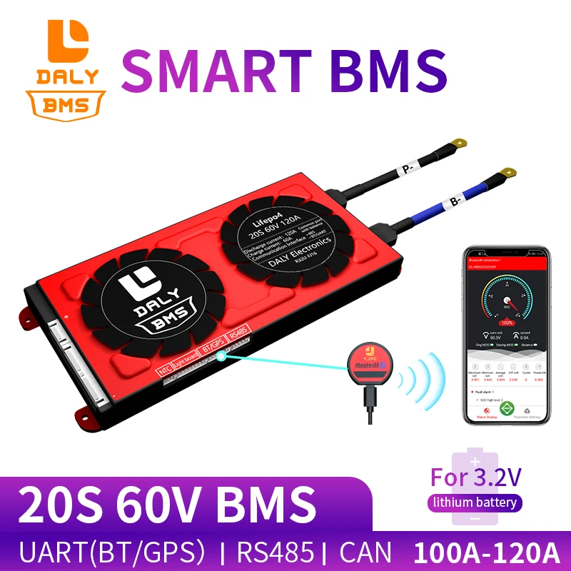 Daly 18650 3.2 v smart BMS 20S 60V 80A 100A 120A Bluetooth 485 į USB įrenginį NTC UART programinės įrangos togther Liūtas LiFepo4 Baterija BMS