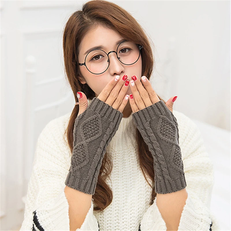 Korėjos Žiemos Moterų Vilnos Pusės Pirštų Pirštinės Twist Megzti Šiltas Pora Pirštinių