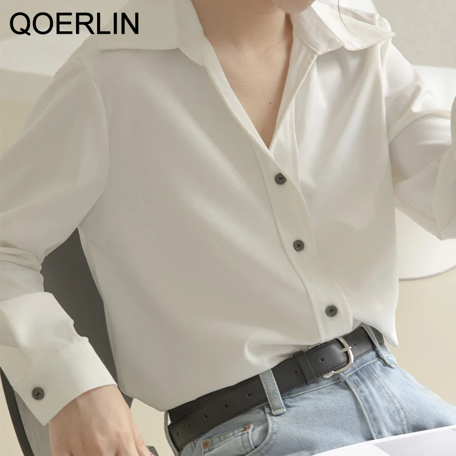OLIS Stiliaus Satino Moterų Viršūnių Palaidinės Kietos Baltos spalvos Palaidinė Office Marškinėliai Blusas Mujer De Moda 2020 ilgomis Rankovėmis Marškinėliai Moterims Drabužių XL