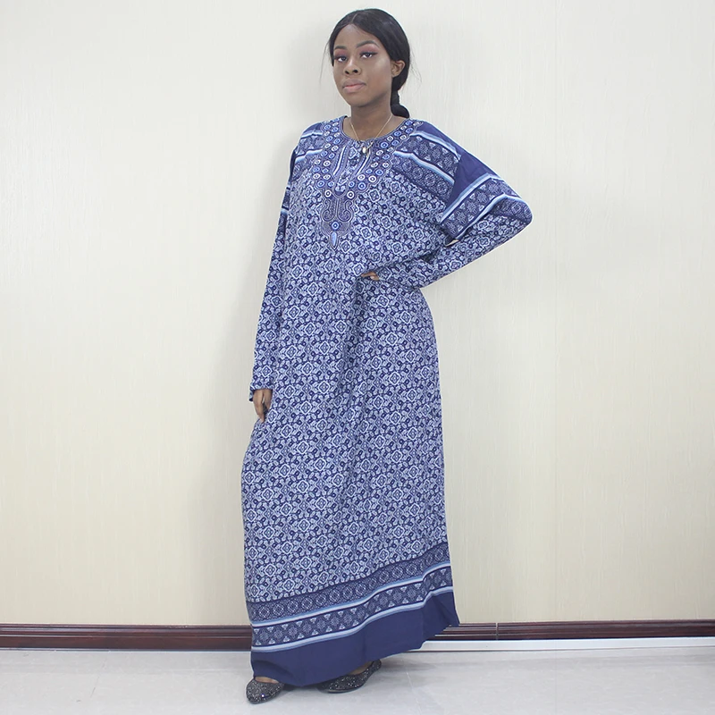 Afrikos Dashiki Ilgomis Rankovėmis Mėlyna Gėlių Spausdinti Appliques Mygtuką Medvilnės Dashikiage Ilga Suknelė Elegantiškas Mama Suknelė