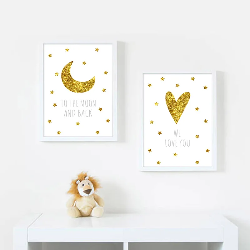 Golden Moon Širdies Vaiko Plakatas Darželio Citatos Spausdinti Minimalistinio Sienos Meno Tapybos Šiaurės Vaikams, Kūdikių Miegamojo Puošmena Nuotrauką