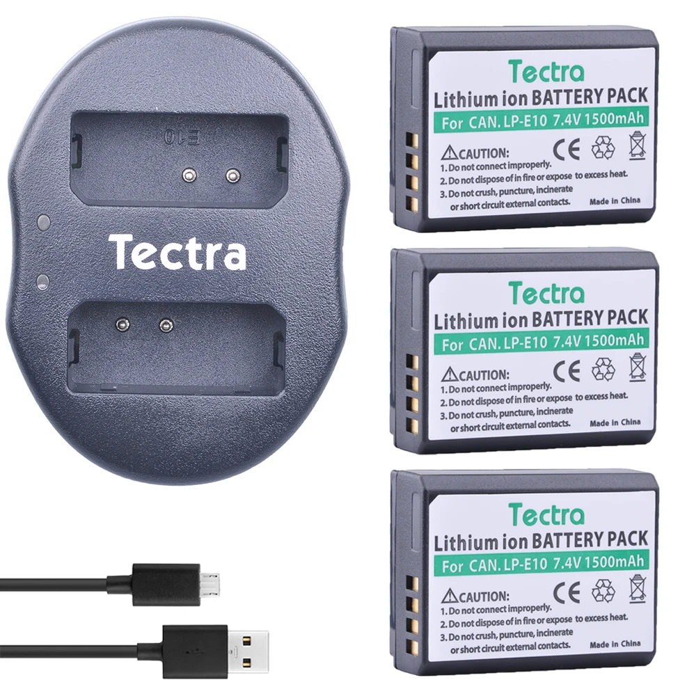 Tectra 3pc 1500mAh LP-E10 LPE10 LP E10, Baterijos+Dual Kroviklis Canon EOS 1100D 1200D 1300D 2000D Rebel T3 T5