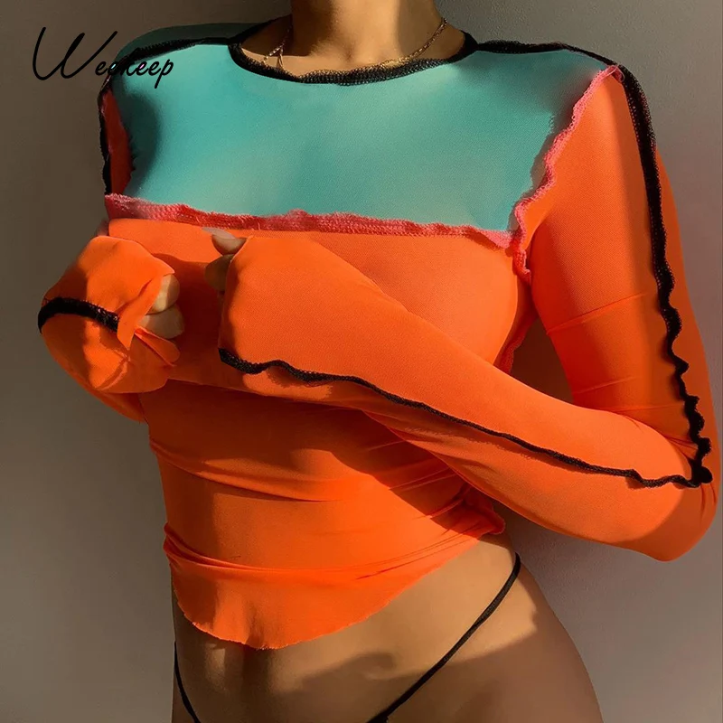 Weekeep Seksualus Akių Skaidrus Moterų Rudenį marškinėliai ilgomis Rankovėmis Kratinys Pynimas Pasėlių Viršuje Šalies Klubas Streetwear Bodycon Tee Marškinėliai