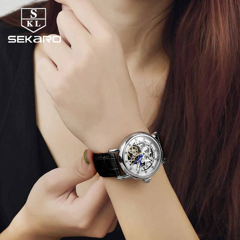 SEKARO Prekės ženklo Moterys Mechaniniai Laikrodžiai Diamond Ponios vertus-likvidavimo Laikrodžius Odos Mados Skeletas Dial Dovana moterims
