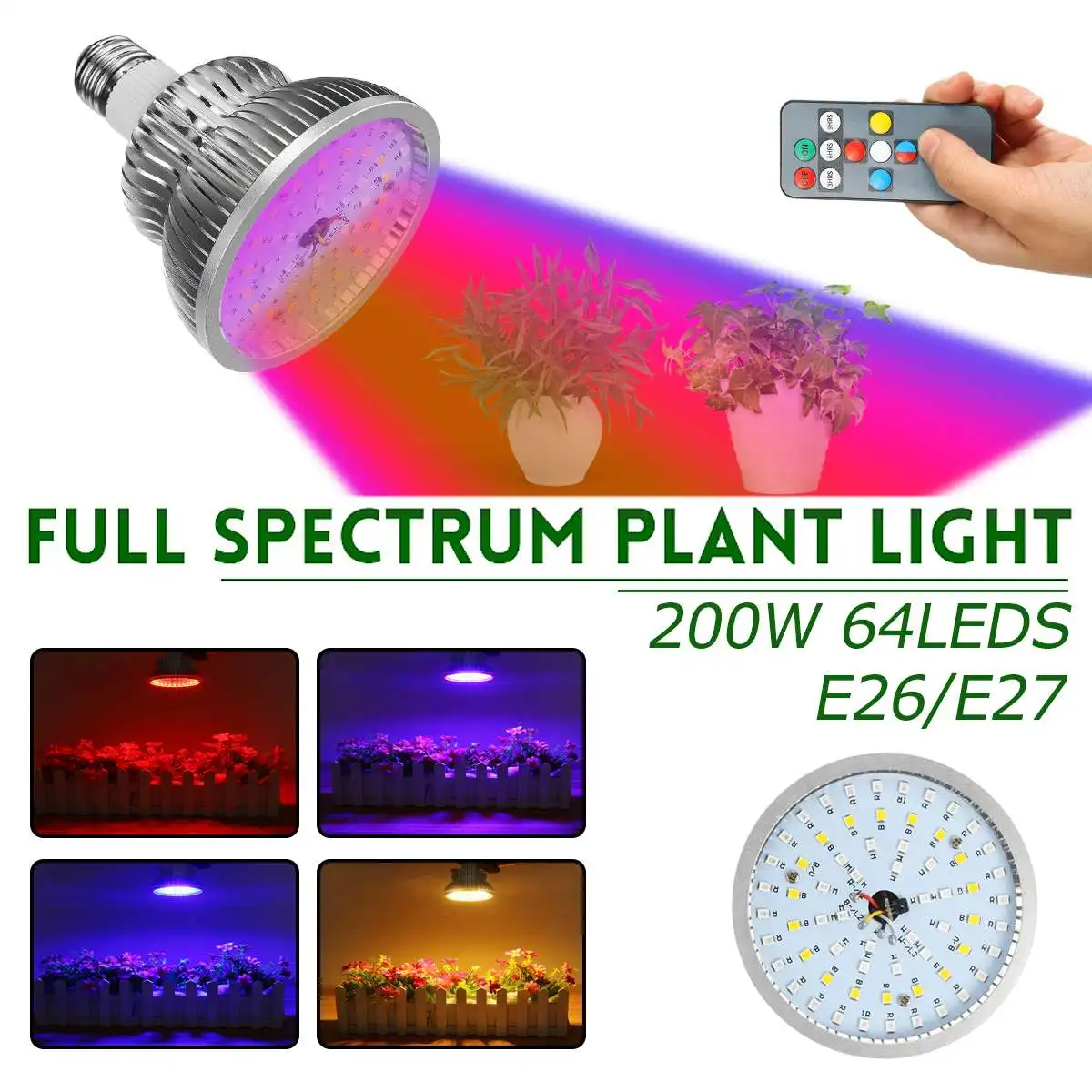 E26/E27 200W 64 LED Augalų Auga Šviesos lempos Hydroponic Visą Spektrą Gėlė Žydėti Kambarinė sėklų Auginimo Šviesos Lemputės Hydroponics