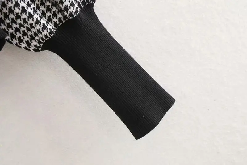 2019 naujas moterų derliaus houndstooth modelio sluoksniuotos rankovėmis atsitiktinis megztinis ponios pagrindinės o kaklas megztas megztinis rudenį prašmatnus viršūnes S163