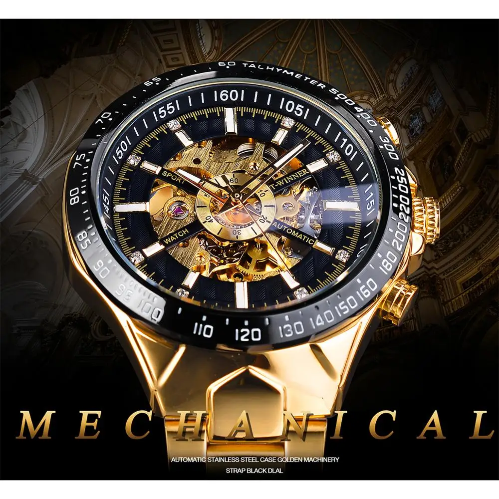 Nugalėtojas Diamond Skeletas Dial Juoda Aukso Automatinis Laikrodis Iš Nerūdijančio Plieno, Atsparus Vandeniui Šviesos Vyrų Verslo Mechaninis Laikrodis