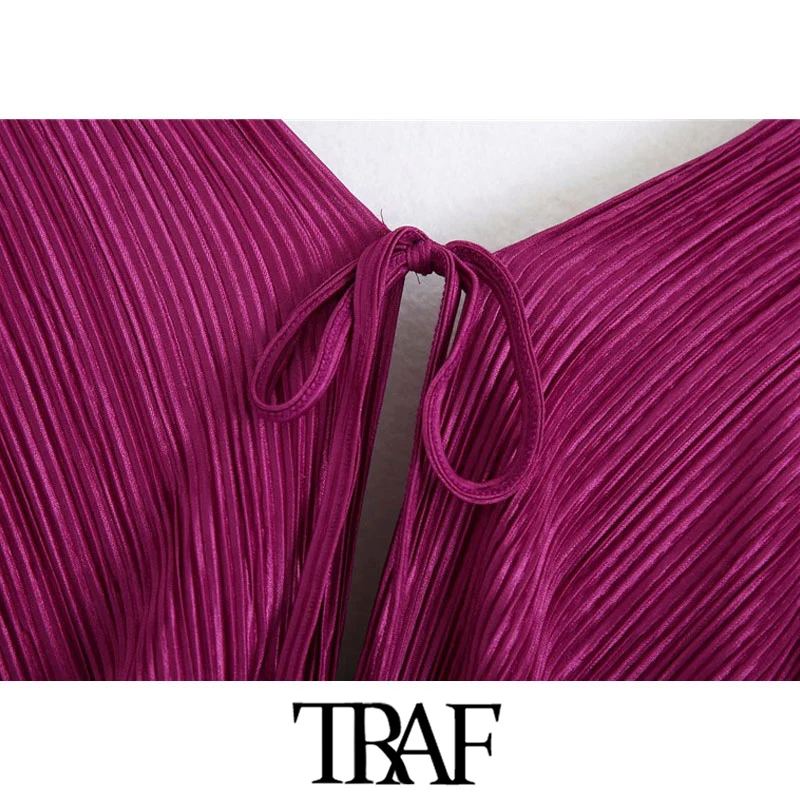 TRAF Moterų Elegantiškos Mados Su Puoštas Klostuotas Mini Suknelė Vintage V Kaklo Atgal Susieta Elastinga Juosmens Moterų Suknelės, Vestidos