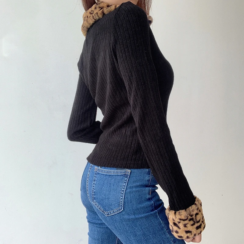 SUCHCUTE moteriški Marškinėliai Su Leopardas Spausdinti Kailio Apdaila Apykakle ilgomis Rankovėmis Moteriška Slim Komplektai Modis Marškinėliai Rudenį Streetwear