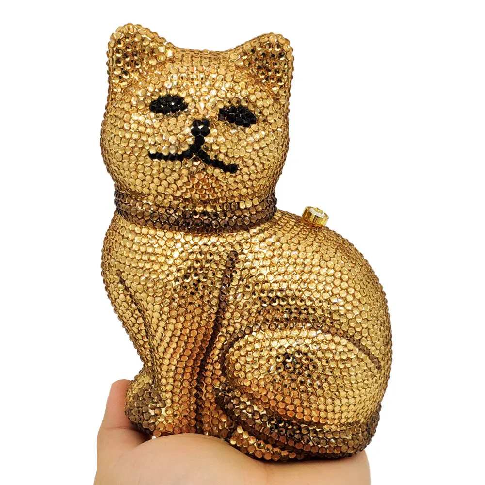 Boutique De FGG Puikus 3D Katė Moterų Aukso Krištolo Minaudiere Sankabos Gyvūnų Vakare Krepšiai Ponios iškilmingą Vakarienę Rankinės ir Piniginės