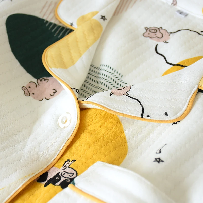 Saldus Mielas Animacinių filmų Spausdinti Žiemos Pižama Nustatyti Moterų, Trijų sluoksnių Medvilnės Storas, Šiltas Namų Kostiumas Moterų Megzti Sleepwear Homewear