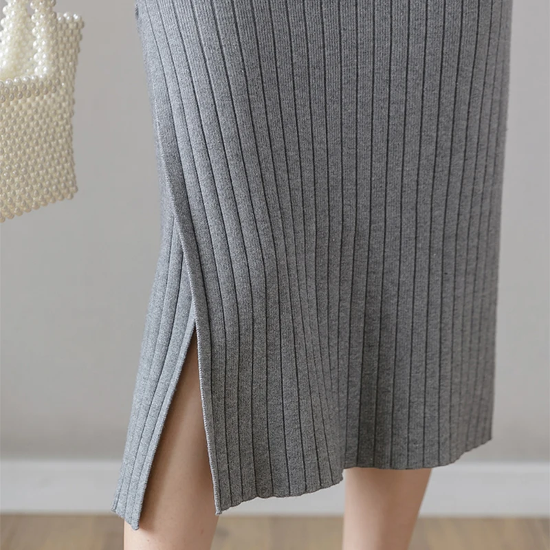 Moterų sijonas 2020 m. Rudens žiemos megzti sijonai mados klubų sijonai tirštėti vidutinio ilgio, padalinta aukšto juosmens tiesiai vienas žingsnis sijonas