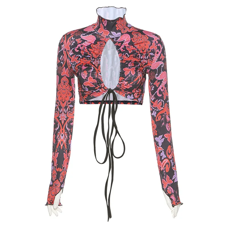 Sibybo Moterų Spausdinti Golfo Slim Tees Pavasarį, Rudenį Tvarstis Tuščiaviduriai Iš T-shirt 2021 Femme Streetwear Nėrinių Marškinėliai Topai